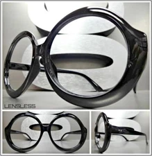 Womens Oversized Retro Style Round Black Lensless Eye Glasses Frame Only NO Lens