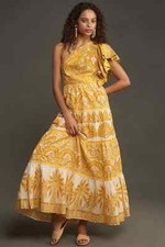 Farm Rio Anthropologie Ainika Tapestry One-Shoulder Maxi Dress M $285 NWT Yellow