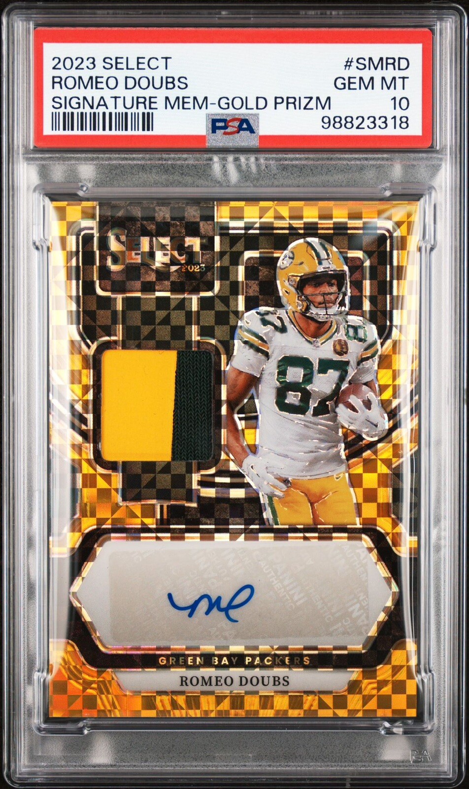 2023 Select Romeo Doubs #SMRD Signature Memorabilia Gold Prizm /10 PSA 10 GM MT