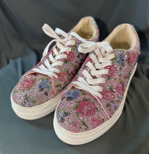 BETSEY JOHNSON Floral Beaded Sneakers SIDNY Sz 11M Multi-Color Rhinestone Bling!