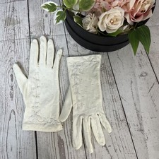 White Beaded Nylon Ladies Gloves Vintage Hong Kong Intricate