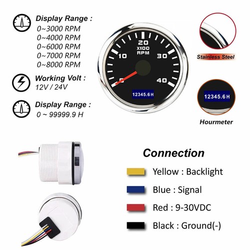 52mm Drehzahlmesser Anzeige Zusatz Instrument Tachometer 0-4000RPM Dieselmotor - Bild 4 von 8