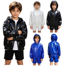Kids Boys Outerwear Drawstring Raincoat Hiking Hooded Jacket Full Front Zipper