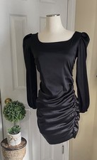 Satin Black Longsleeve Ruched Dress, Size Medium