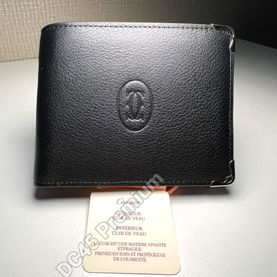 CARTIER Black Leather Bifold Wallet Must De Cartier Silver Tone Corners