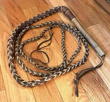 Vintage Bull Whip Braided Leather Wood Handle Moody Museum McGregor Iowa Pre1976