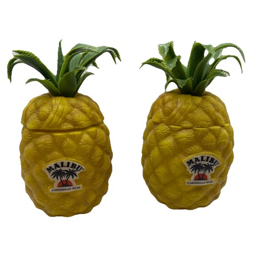 2x Vintage Malibu Caribbean Rum Plastic Pineapple Tiki Cup Beach Bar