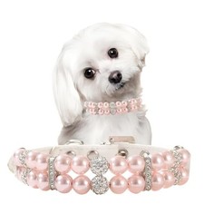 Pearl Dog Collars,Bling Pearl Cat Collar,XXS Pink XXS Neck 6-8'' Tag XS