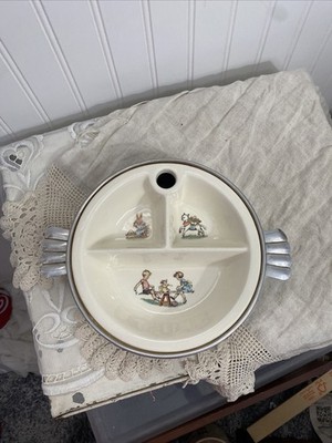 Antique Baby Plate- Metal And Porcelain , A Hole To Put Hot Water In To Keep