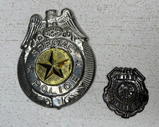 Vintage Set of 2 Costume Police Fireman Badges for Halloween Costume Metal Japan
