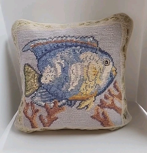 Vintage Needlepoint Pillow Fish Ocean Scene Pillow  Tropical Blue Green 12 X 12