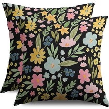 Spring Floral Pillow Covers 18X18 Set of 2, Pink Blue Yellow Colored Flower P...