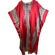 Bohemian Red Paisley Satin Kaftan Maxi Dress OSFM Gold Flowy Moroccan Style