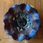 Stippled Signed Purple Northwood Carnival Glass Three Fruits Ruffled Bowl