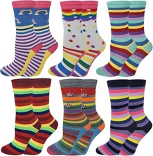 6 Pairs Women  s Colorful Fancy Novelty Crew Socks Soft Stretchy Rainbow Stripe