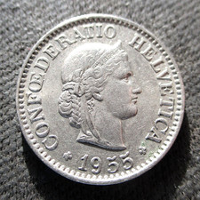 OLD 10 RAPPEN 1955 COIN OF SWITZERLAND HELVETIA HEAD OF ROMAN GODDES LIBERTAS