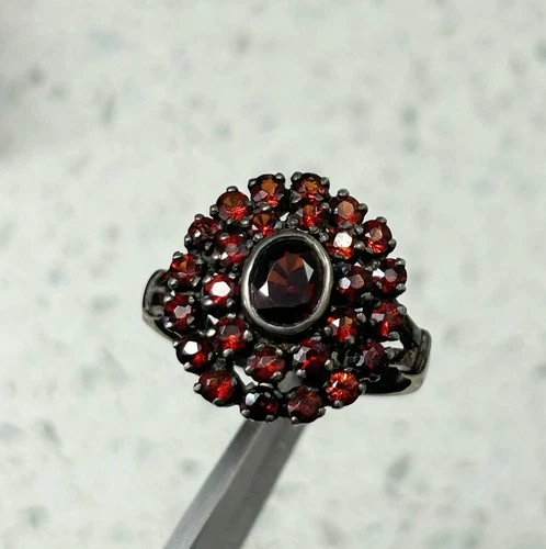 ANTIQUE ESTATE-BOHEMIAN GARNET COCKTAIL RING SILVER WITH VERMEIL OVERLAY SIZE 8