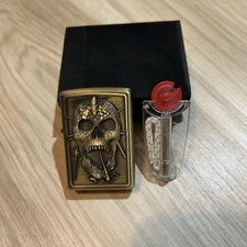 Flint Wheel Ignition Windproof Lighter Skull Design w/Flint & Wick Pack