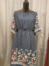 Ana Rose Dress Womens X Large Blue Embroidered Floral Boho Peasant Knee Length