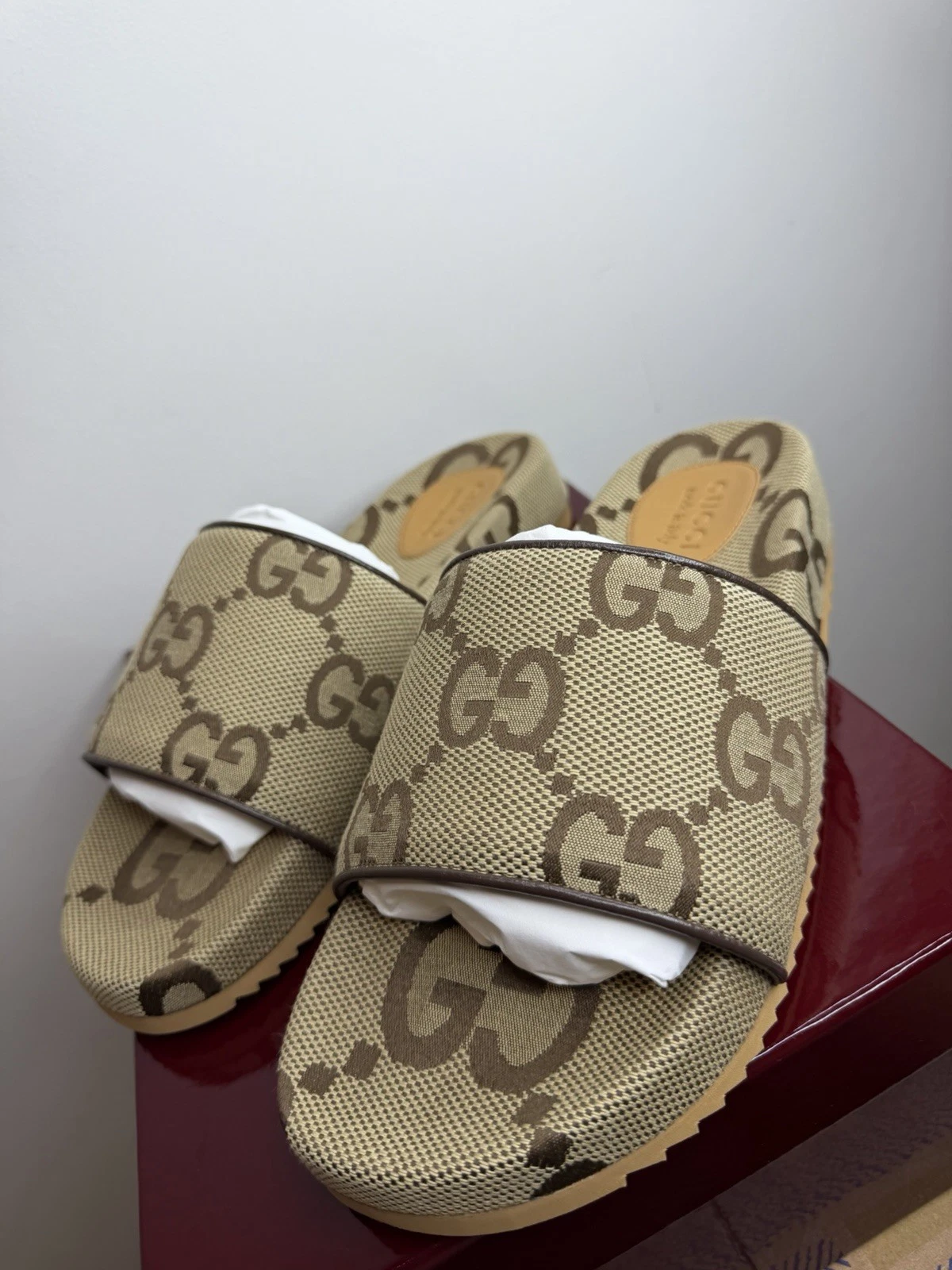 Gucci — Gucci Mens Brown Canvas Leather Jumbo GG Monogram Sliders Sandals Size 11UK/12US