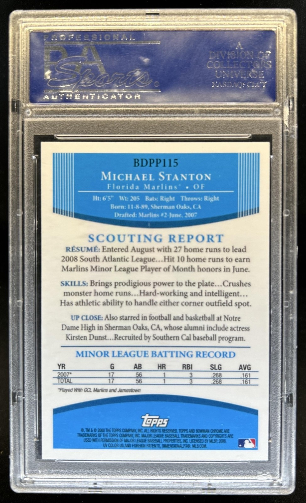 2008 Bowman Draft Picks & Michael Stanton Chrome 1st Auto #BDPP115 PSA 10 view 2