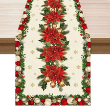 Christmas Poinsettias Leaves Bells Snowflakes Winter Table Runner 13x72 Inch