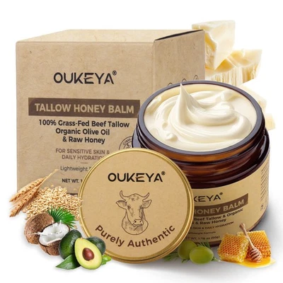 OUKEYA 100% Grass-Fed Beef Tallow Balm & Raw Honey Deep Moisturizing Face Cream