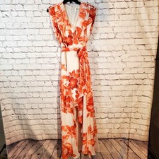Eliza J Dress Red Orange Floral Ruffle High Low Maxi Belted Cap Sleeve