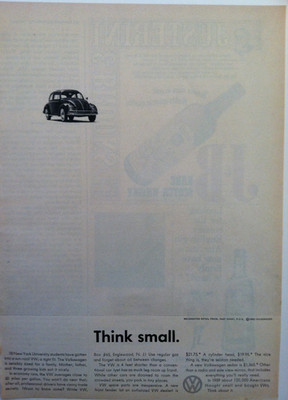 1960 VOLKSWAGEN BUG CLASSIC THINK SMALL ORIGINAL ADVERTISING AD - VERY RARE