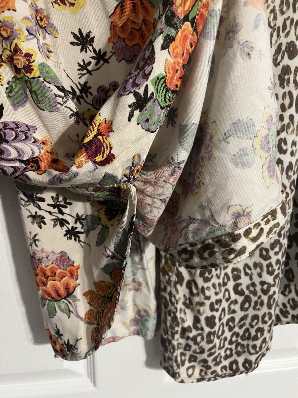 Anthro Patchwork Boho Blouse XL Leopard Floral Mi… - image 2