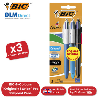 BIC 4 Farben Kugelschreiber Mittel 1,0 mm - 1 Komfortgriff + 1 Pro + 1 Original Stifte