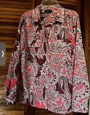 Elementz women's long sleeve button front blouse-Size PL-pink paisley