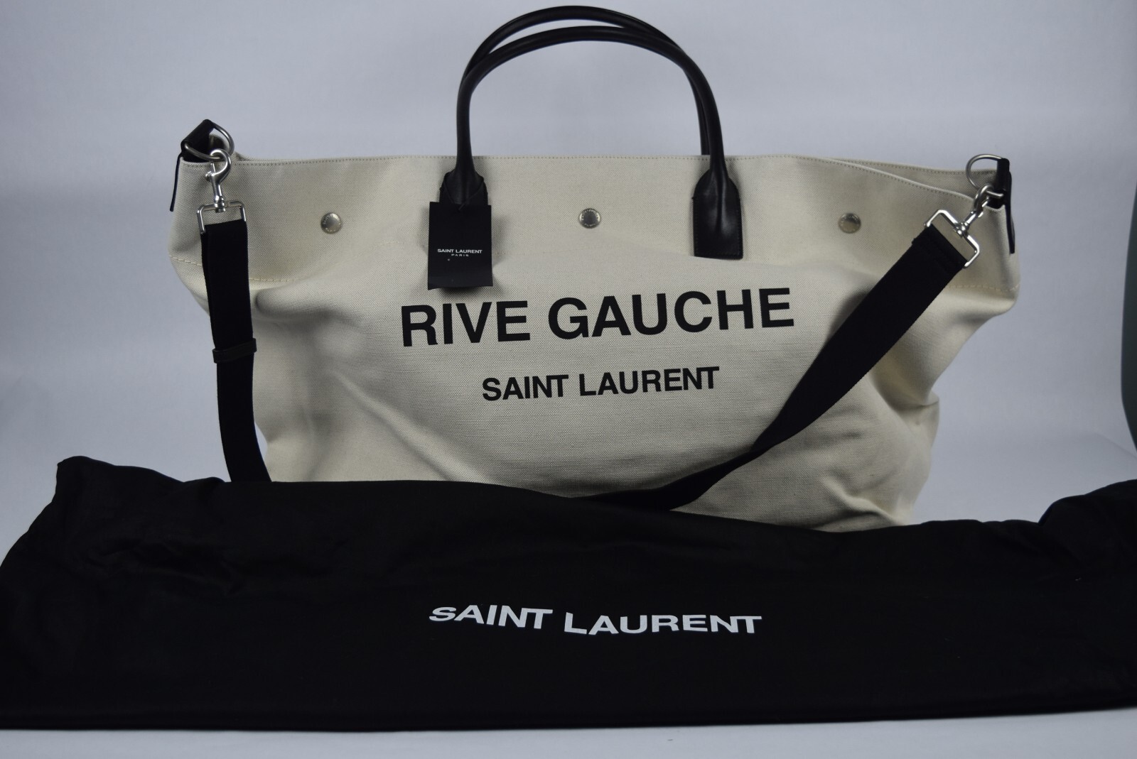 Nuovo con etichetta! Autentica borsa tote YSL Saint Laurent grande Rive Gauche maxi tela panna