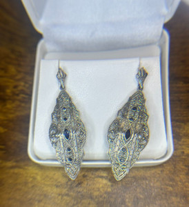 Vintage Sterling Silver Sapphire Pearl Filigree Dangle Chandelier Earrings