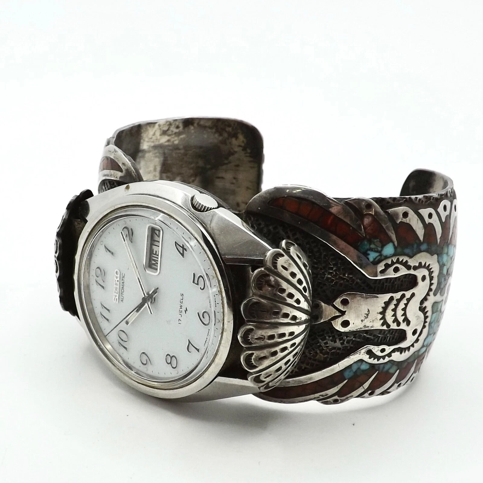 Breguet — Kathryn Wallace Navajo Sterling Silver Coral Turquoise Watch Bracelet Automatic