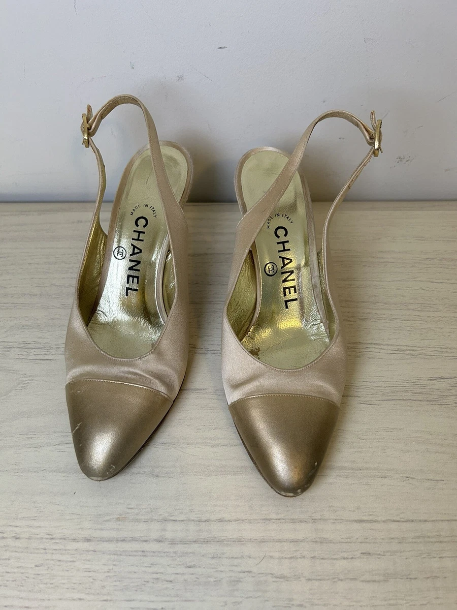 CHANEL Classic Sling Back Two Tone Gold Heels size US 5 EU 35 1/2 35.5  Vintage