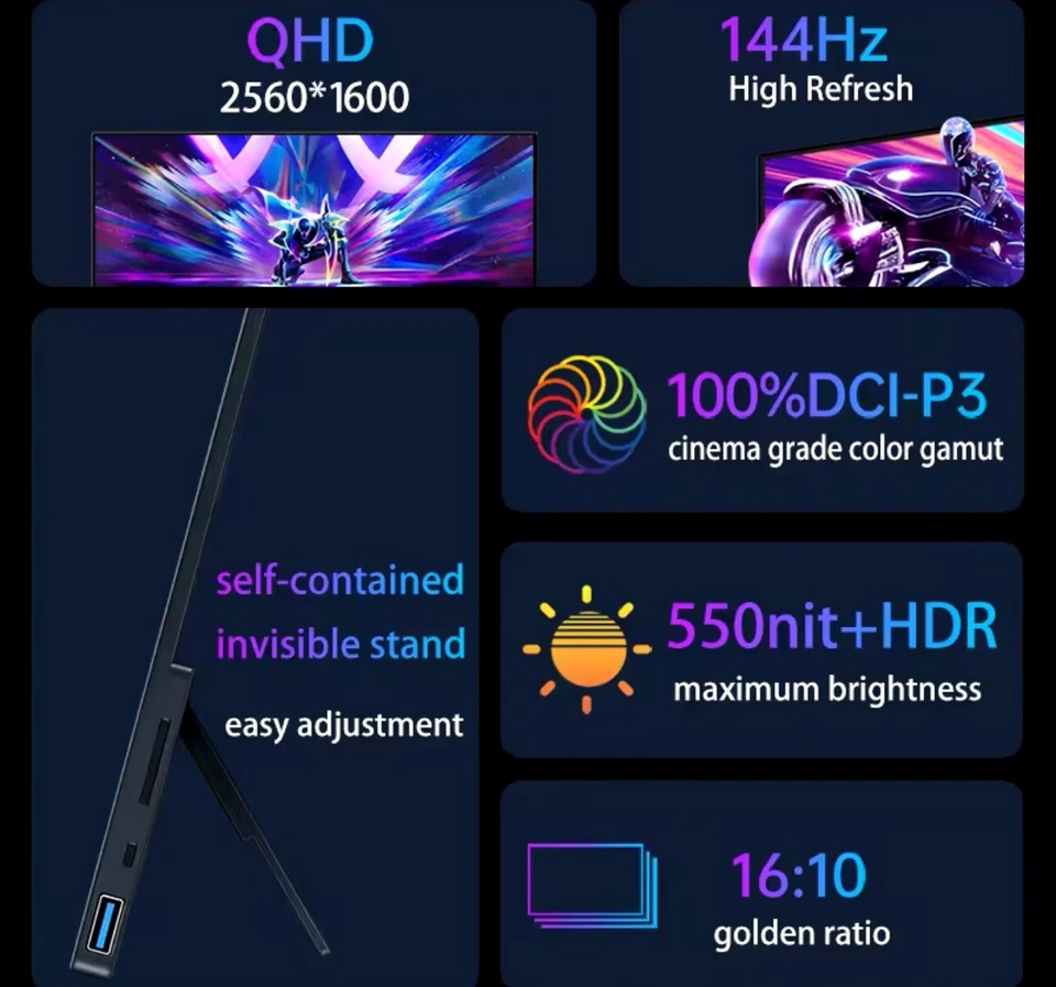 VCHANCE 16” Inch 2.5K 144hz Touch Screen Portable Monitor Display for Laptop PC - Image 4 of 4