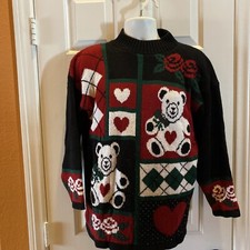 Vtg Dana Scott Christmas Sweater Teddy Bear, Hearts  Roses Women  s M Multi W-1