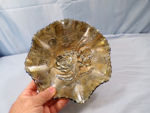 Vintage Imperial Smokey Gray Carnival Glass Bowl w/ Embossed Roses Design - Picture 8 of 9