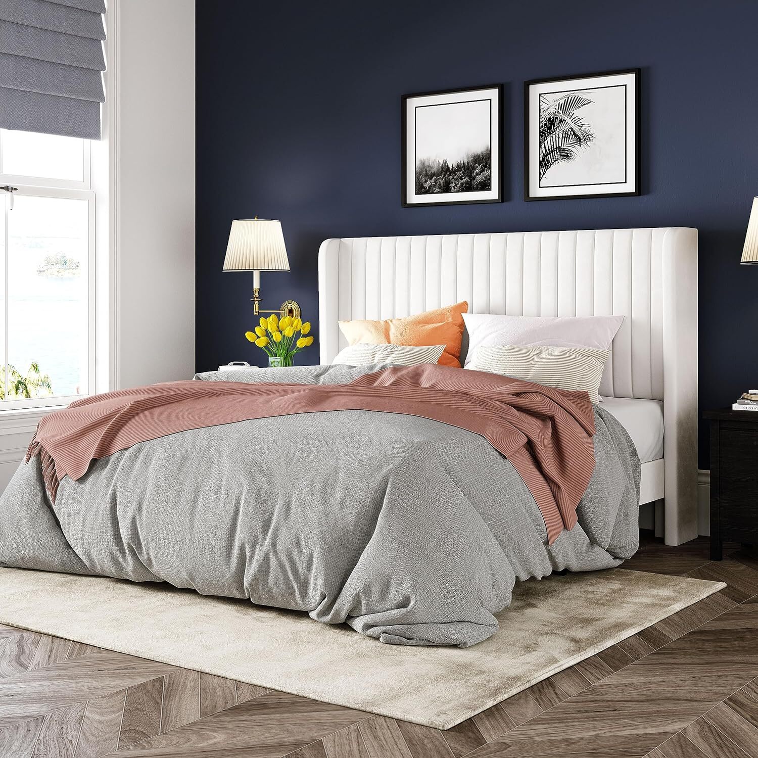 Sifurni Velvet Bed Frame/Vertical Tufted Wingback Headboard/