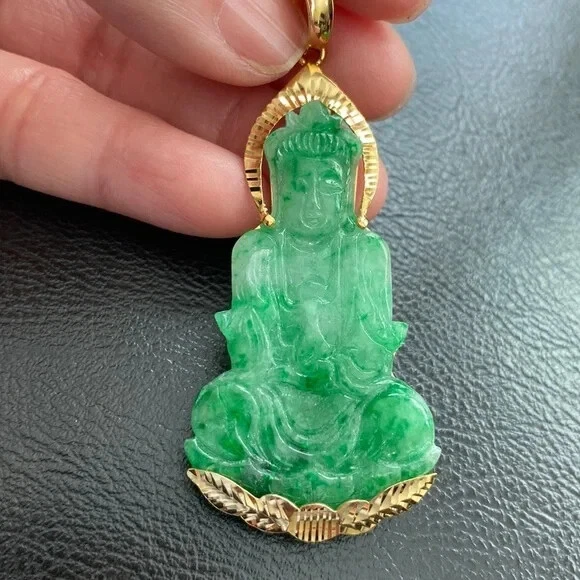 14k Solid Gold Natural Jadeite Jade Kwan Quan Yin Green Female Buddha  Pendant | eBay