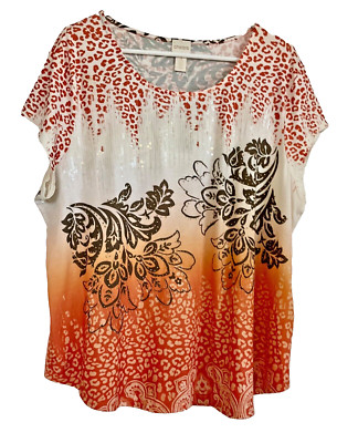 Chico's NWT Size 3Petite $69 Marmalade Floral Embellished  S/S Tee Top Multi
