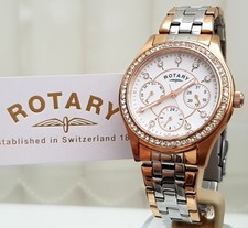 Rotary Ladies Watch Rose gold plated Day & Date Swarovski crystals case RRP£189