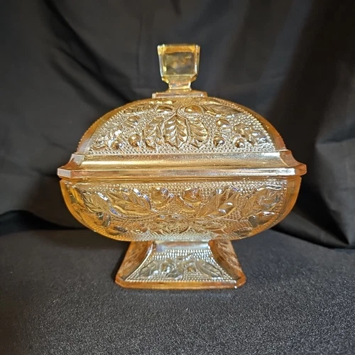 Vtg Jeanette Amberina Square Pedestal Candy Dish w/Lid Acorn Pattern Iridescent