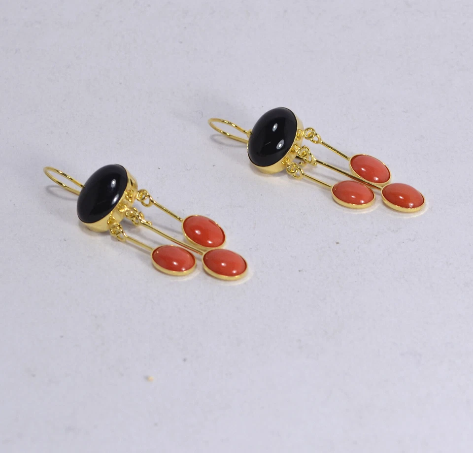 ORECCHINI ARGENTO DORATO ONICE 16 x 12 mm OVALE CORALLO 8 x 10 mm AGHT 0584 - - Immagine 2 di 3