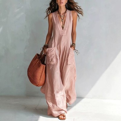NEW Solid-color Wide-pocket Jumpsuit For Women