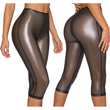 Women Transparent Tights See Through Capris Skinny Pants Vinyl Stretchy Bottoms