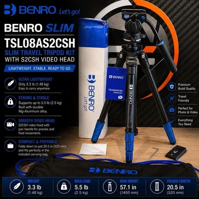 BENRO Slim Travel Tripod Kit with S2CSH Video Head – Boxed with Accessories - Image 1 of 4