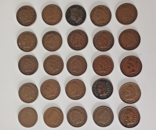 25 Indian Head pennies 1864, mostly 1900's, many Fine or better, pretty lot