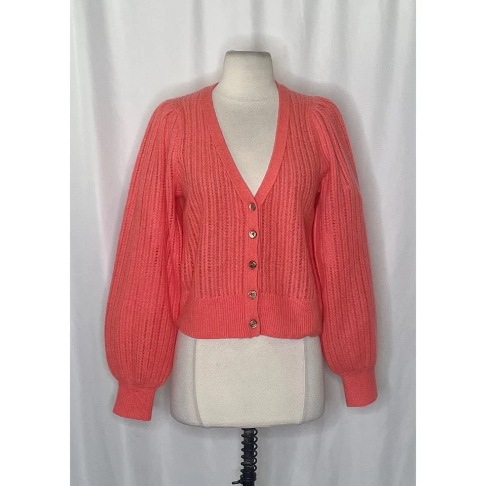 Cardigã de cashmere rosa BRANCO + WARREN suéter botões tecido aberto malha pequeno - Imagem 2 de 4